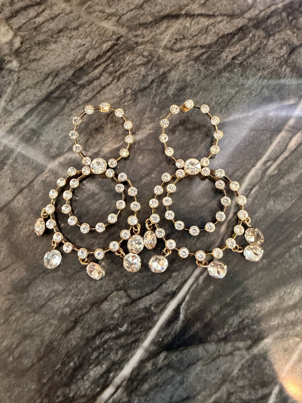 Gold Tone Rhinestone Double Hoop Statement Earrings